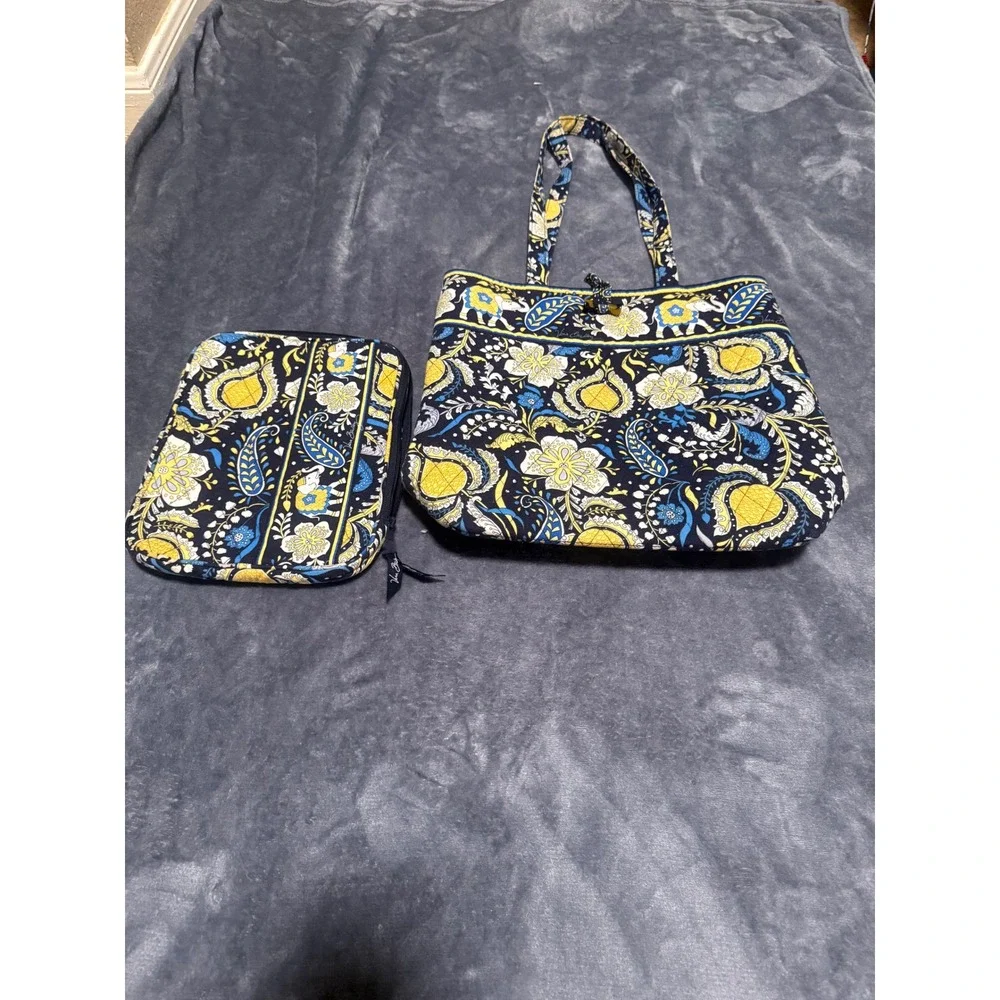 Vera Bradley Elephant Paisley Quilted Tote Bag and Tablet Pouch Set Navy Yellow